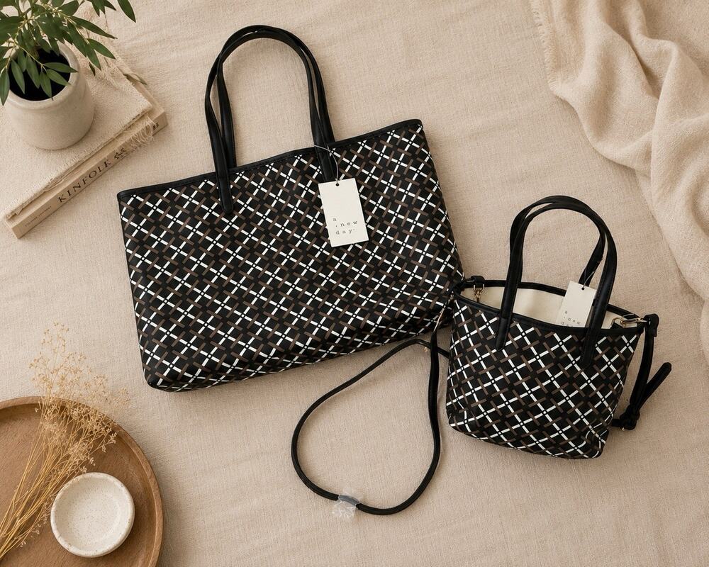A New Day Black Monogram Tote & Crossbody Bag Set NWT Detachable Strap